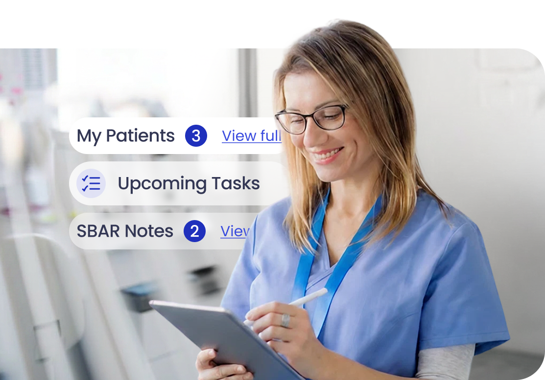 Sarah's first shift with patient list, tasks, and SBAR notes on Nurse Mobile