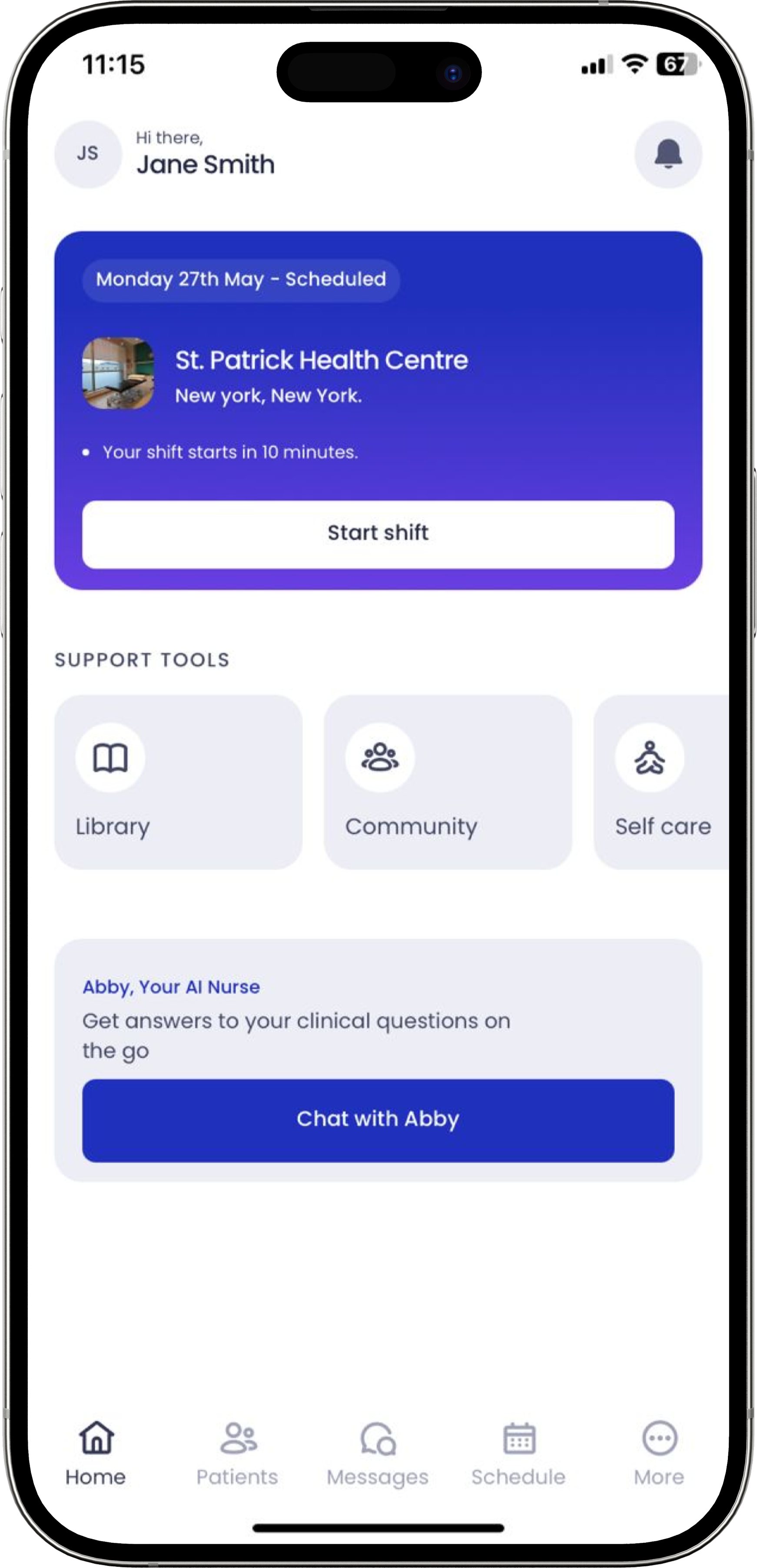 Nurse Mobile start shift screen