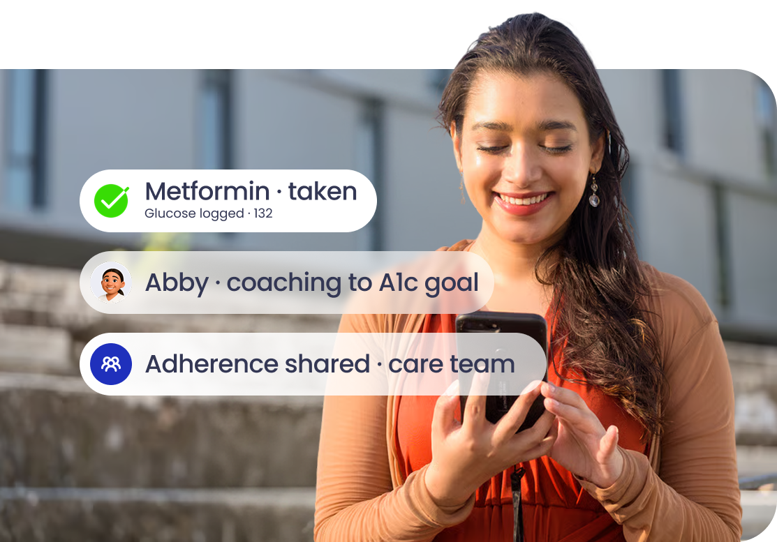 Patient tracking glucose, taking medication, and receiving coaching between visits
