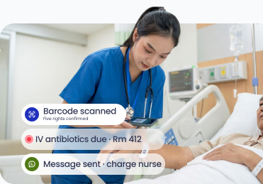 Nurse scanning medications, receiving alerts, and coordinating care with the team