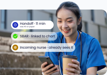 Nurse reviewing and completing end-of-shift handoff documentation